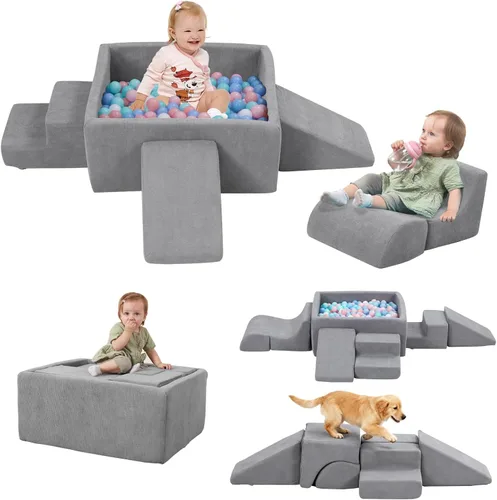 Bloques de escalada para bebés con pozo de bolas, juego de 6 piezas de espuma para escalar y gatear para niños pequeños de 1 a 3 años, equipo Gris