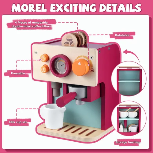 Miniatura 5 de GAGAKU Máquina de café de madera para niños pequeños, juguetes de aprendizaje Montessori para niñas y niños de 3, 4, 5 años, accesorios de cocina
