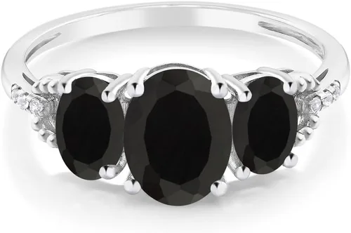 Miniatura 2 de Gem Stone King Anillo de compromiso de oro blanco de 10 quilates de 2.08 quilates, ónix negro y diamante con detalle de 3 piedras, ovalado, de 0.315