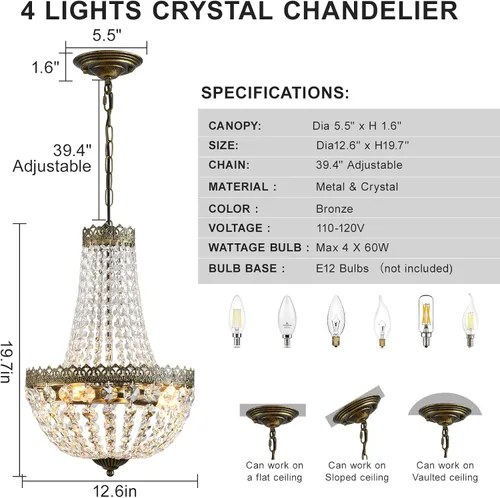 Miniatura 3 de 4 luces estilo imperio francés, mini lámpara de cristal para granja, acabado de latón antiguo, lámpara de techo para comedor, dormitorio, vestíbulo