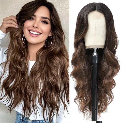 Miniatura 29 de Peluca larga negra ondulada con flequillo para mujer, 26 pulgadas, peluca sintética de aspecto natural de repuesto para uso diario, fiesta, cosplay