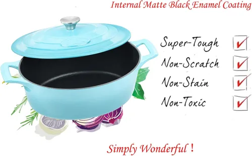 La Cuisine - Cacerola ovalada de hierro fundido esmaltado Dutch Oven con tapa, 5 cuartos de galón, esmalte interno negro mate para hornear pan,