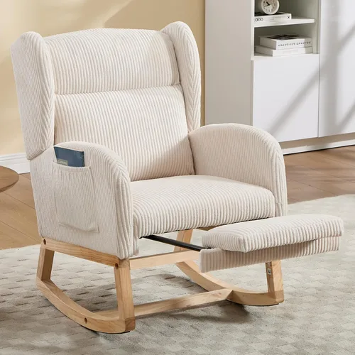 NIOIIKIT Nursery Rocking Chair with Footrest, Teddy Upholstered Glider Chair, Nursery Gliding Recliner with Side Pocket, Glider Rocker for Living