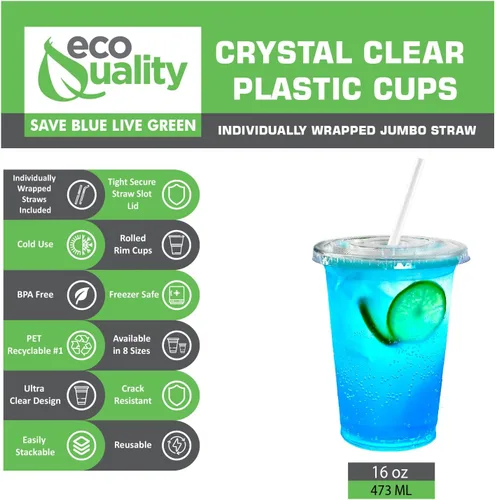 Miniatura 4 de Vasos desechables grandes de plástico transparente con tapas y pajitas, 200 unidades, 16 onzas (onzas) taza de PET transparente para batidos fríos