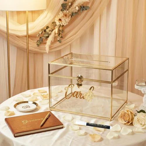 Caja de tarjetas de boda con cierre de corazón, caja de tarjetas de vidrio de metal grande con marco dorado para recepción de fiestas, bodas, baby