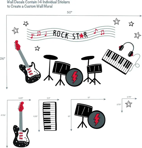 Miniatura 2 de Lambs & Ivy Rock Star Instrumentos Musicales Adhesivos de Pared/Pegatinas - Batería/Guitarra