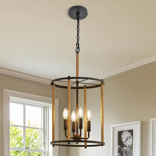 Miniatura 8 de Luvkczc Candelabro de 4 Luces, Luz de Techo Estilo Granja, Lámpara de Linterna Negra Accesorios de Iluminación con Jaula de Cuerdas, Altura