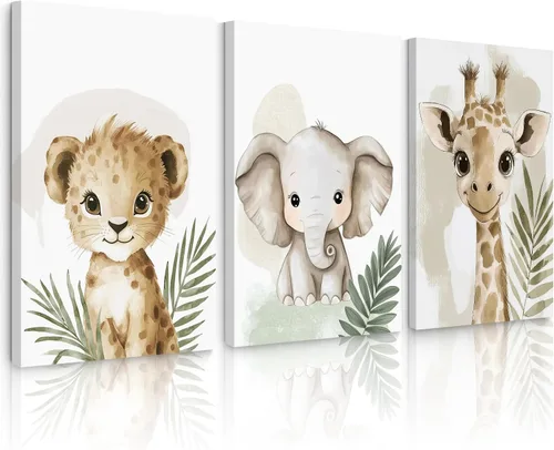 Miniatura 29 de Decoración artística de pared de animales para guardería, imágenes de la habitación del bebé, safari de la selva, lienzo para decoración de pared