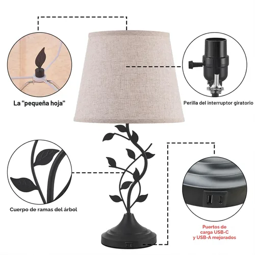 Miniatura 7 de Kakanuo Lámpara de mesa para mesita de noche, lámpara para sala de estar con puertos de carga USB-A y USB-C, lámpara de dormitorio alta tradicional