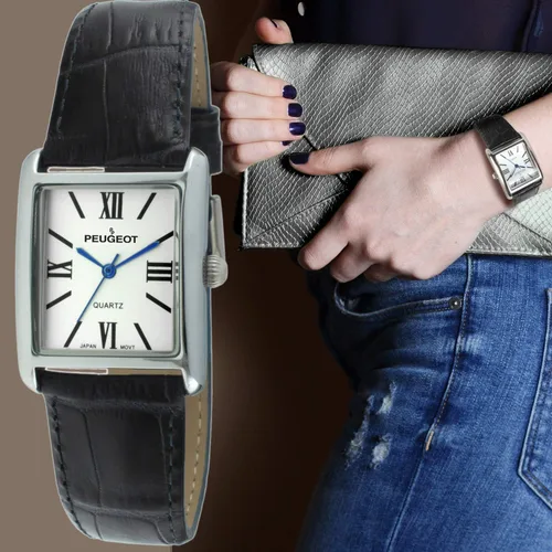 Miniatura 3 de Peugeot - Reloj de vestir de cuero con forma de tanque para mujer con números romanos, Reloj de vestir sin mangas para mujer