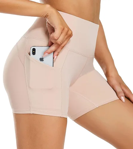 Miniatura 3 de Oalka Pantalones cortos de yoga para mujer, con bolsillos laterales, cintura alta, para entrenamiento, correr, deportes, 4 pulgadas