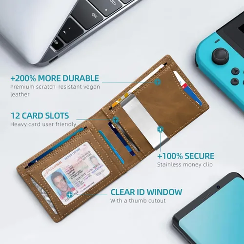 Miniatura 84 de Zitahli - Billetera delgada con 12 ranuras para tarjetas, ventana de identificación con clip para dinero, bolsillo frontal RFID plegable, pequeña