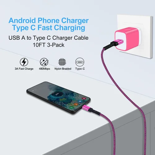 Miniatura 3 de Paquete de 3 cables Samsung de carga rápida USB tipo C de 10 pies para Samsung Galaxy S26 Ultra/A17 5G/A16/A56/S25FE/A15/A54/S24Plus/Z