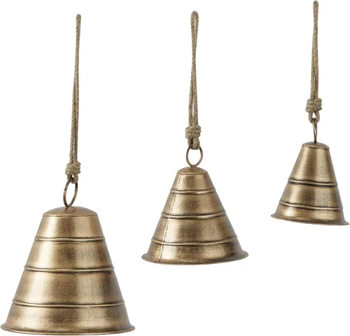 Miniatura 16 de Deco 79 - Campanas de vaca gigantes XL decorativas de metal dorado con cuerda de yute para colgar, juego de 3 campanas de 10 pulgadas, 8 pulgadas