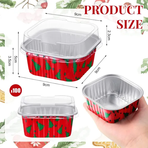 Miniatura 2 de 100 piezas de tazas de aluminio para Navidad, contenedor de cupcakes de papel de aluminio con tapas, 5 onzas, molde cuadrado de papel de aluminio