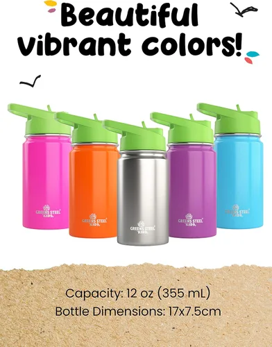 Miniatura 4 de Botella de agua para niños, 12 onzas, color azul, a prueba de fugas con popote y asa, 24 horas de frío, acero inoxidable de doble pared aislada