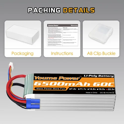 Miniatura 7 de Youme 6S Lipo Batería EC5, 2 paquetes 22.2 V RC LiPo Batería 6500mAh 60C con EC5 Plug para Arrma 1/7 1/8 RC Car Truck DJI E-Flite Align Avión