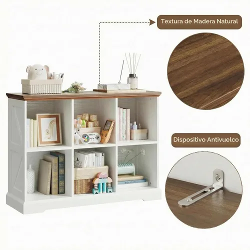 Miniatura 8 de IRONCK Organizador de almacenamiento de 6 cubos, estante de madera con almacenamiento, estantería de granja para dormitorio, sala de estar y oficina