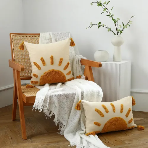 Miniatura 6 de Juego de 2 fundas de almohada bohemias de 18 x 18 pulgadas, fundas de almohada decorativas de sol con borlas, fundas de almohada modernas marroquíes