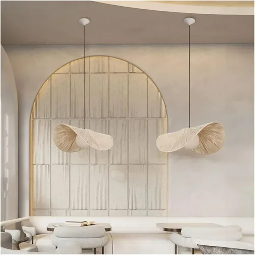 Miniatura 2 de Genérico Araña moderna, escandinavo en V - Tirada de cuerda de algodón, sombrero de paja LED colgante de luz para restaurante, bar, cafetería, Blanco