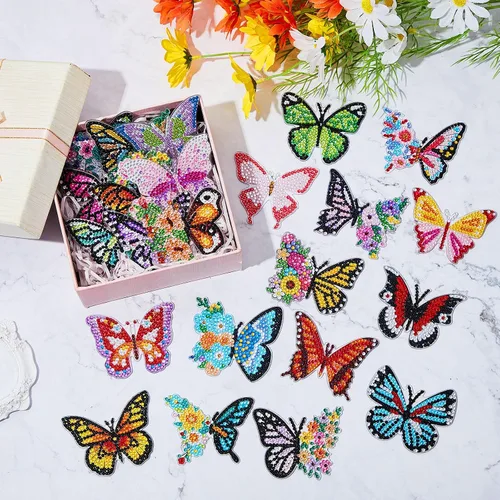 Miniatura 7 de Henoyso Juego de 24 llaveros de pintura de diamantes de mariposa para adultos, kit de manualidades 5D de doble cara, kit de taladro, pintura