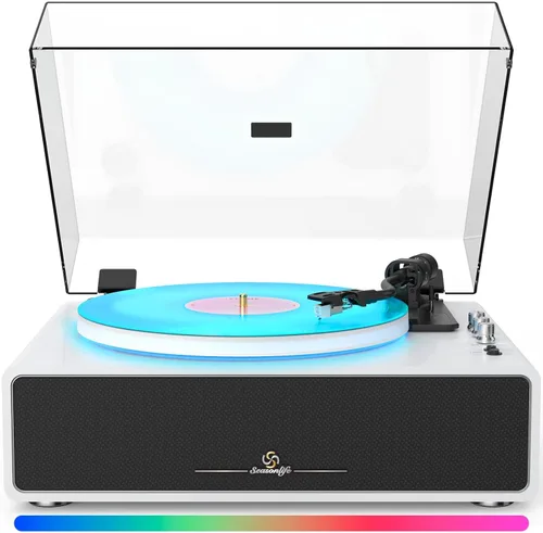 Reproductor de discos con cuatro bocinas estéreo integradas, tres modos de iluminación LED, cartucho AT-3600L, reproductor de vinilos todo en uno