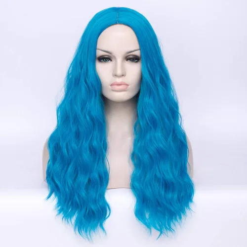Miniatura 2 de Peluca ondulada azul de 24 pulgadas de largo para mujer, pelucas de fibra resistentes al calor, para Halloween, cosplay, fiesta diaria + gorra (azul)