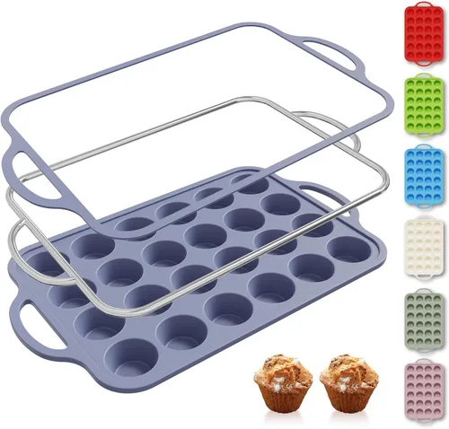 Miniatura 35 de 2 paquetes de 12 tazas de molde para magdalenas de silicona para hornear con marco reforzado de metal, molde para cupcakes de tamaño regular, Crema
