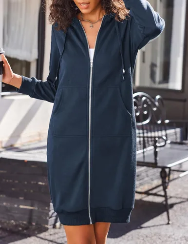 Miniatura 5 de Elesol Sudadera larga con capucha, para mujer, sudadera tipo túnica de vellón, chaqueta con cremallera, informal, S-XXXL
