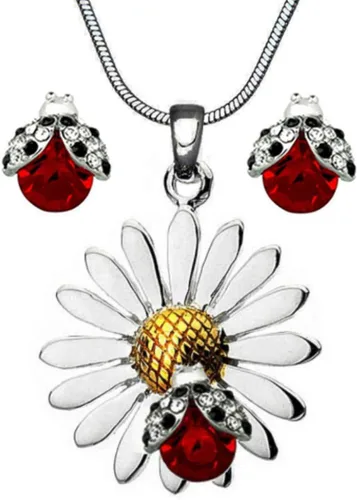 Hermoso collar y aretes con colgante de mariquita en tono plateado, cadena de 19 pulgadas, joyería de moda en caja de regalo, Diamante de imitación