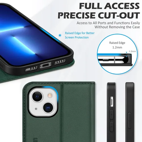 Miniatura 8 de SHIELDON Funda para iPhone 13, funda plegable de piel auténtica con función atril con bloqueo RFID, ranuras para tarjetas, funda magnética a prueba
