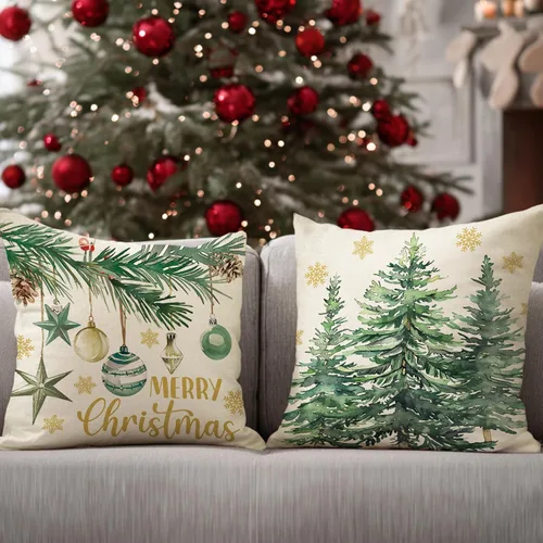 Miniatura 6 de Juego de 4 fundas de almohada decorativas de árbol de pino de Navidad de 18 x 18 pulgadas, bolas de alegría de Navidad, copos de nieve dorados