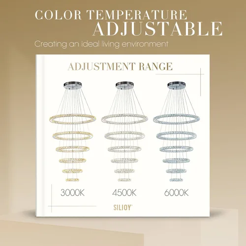 Miniatura 5 de Siljoy Moderna lámpara de araña de cristal, 6 anillos, lámpara de techo LED con 3 colores, lámpara de techo alto para sala de estar, comedor