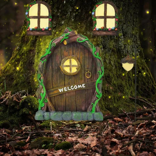 Miniatura 2 de Accesorios de jardín de hadas en miniatura: brilla en la oscuridad puerta y ventanas de hadas para árboles, adorno de jardín de resina verde