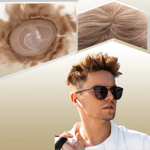 Miniatura 13 de Toupee para hombres sistemas de reemplazo de cabello humano real europeo para hombres, postizos finos, centro de encaje, piel más gruesa, pieza