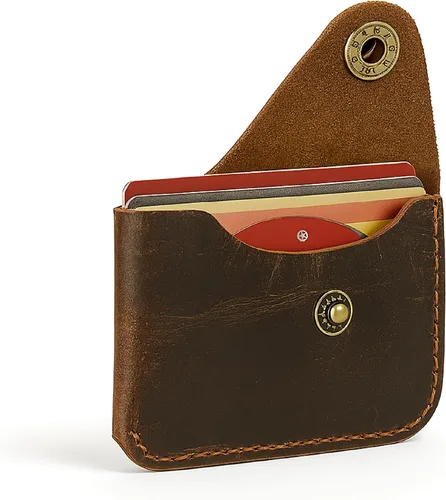 Miniatura 2 de The Antiq Tarjetero de cuero, cartera minimalista hecha a mano, funda delgada para tarjetas de crédito con cierre de botón, funda de cuero compacta