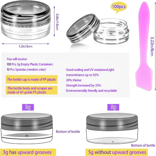 Miniatura 2 de 100 paquetes de botes de plástico de 3 g con tapas, botes de cosméticos redondos transparentes de 3 ml, botes de maquillaje de 3 gramos