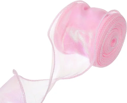 Miniatura 56 de MECCANIXITY - Cinta de organza con cable de 1 1/2" de ancho, brillante, transparente, con brillo irisado en tonos pastel, cinta de gasa para Beige