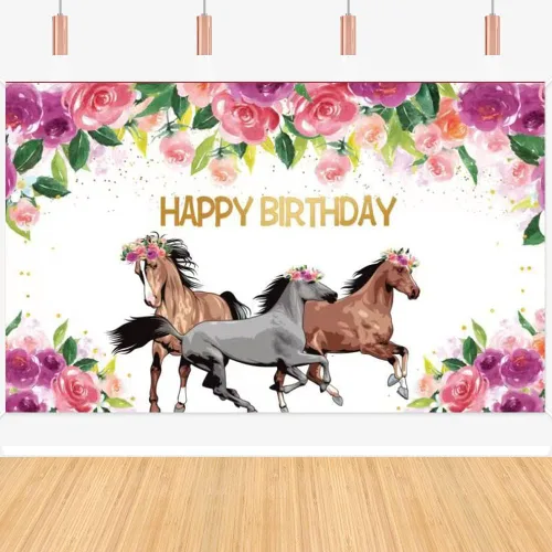 Telón de fondo de caballo para fiesta de feliz cumpleaños, vaquera occidental, caballos, fondo floral rosa, pancarta de cumpleaños, decoración de