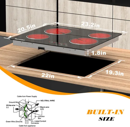 Miniatura 2 de Placa de cocina eléctrica de 4 quemadores, TOPWISH de 24 pulgadas, estufa eléctrica incorporada, placa de cocina radiante de 220-240v con bloqueo