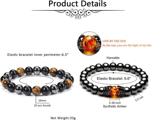 Miniatura 5 de Jovivi Pulsera de piedra de ojo de tigre de obsidiana negra de hematita para hombres y mujeres, de 0.394in, cuentas de piedras preciosas redondas