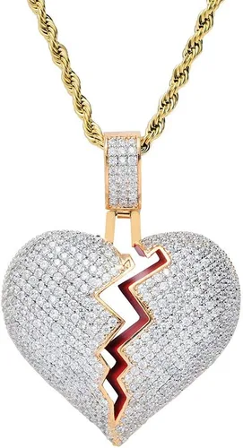 Miniatura 3 de putouzip Men Broken Heart Chains 18k Gold Plated Fully Iced Out Pendant Link Chain Necklace