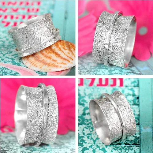 Miniatura 5 de Boho-Magic Anillo giratorio de plata de ley 925 para mujer, anillo martillado para inquietos, banda ancha