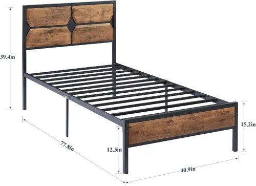 Miniatura 2 de VECELO Base de cama individual tamaño individual con cabecera y estribo de madera, base de colchón de plataforma de metal con fuerte soporte