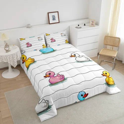 Miniatura 3 de Erosebridal Juego de ropa de cama a cuadros azul para niños, juego de cama individual con diseño de patos amarillos de dibujos animados, juego