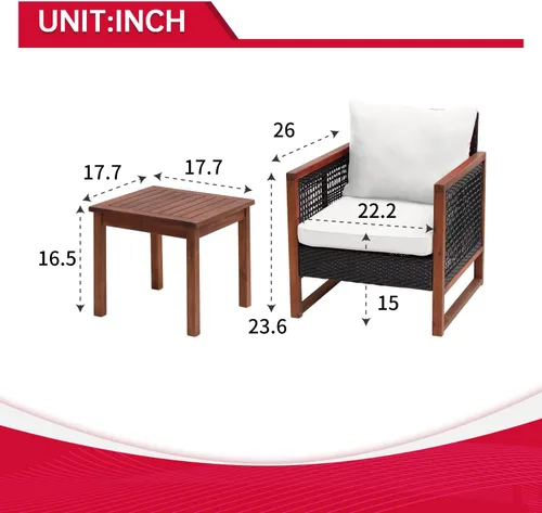 Miniatura 8 de Juego de muebles de patio de 3 piezas de madera de acacia para patio, juego de sillas de conversación al aire libre con cojines resistentes al agua