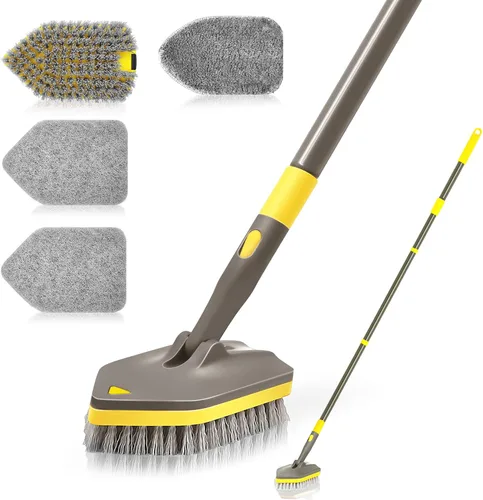 NEWE Cepillo limpiador de ducha, limpiador de azulejos de bañera con mango largo telescópico de 56 pulgadas, 4 cabezales de limpieza para baño,