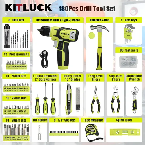 Miniatura 2 de KITLUCK Juego de herramientas eléctricas, kit de 180 piezas para el hogar con taladro de 8V, kit de caja de herramientas portátil