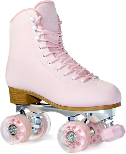 Patines de ruedas para mujer o hombre con topes de goma ajustables en altura, patines retro de gamuza cuádruples para exteriores e interiores Rosa