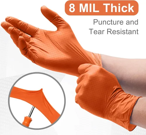 Miniatura 3 de WECARE Guantes de nitrilo de 8 mil, guantes de mecánico resistentes, con agarre de diamante, guantes desechables sin polvo ni látex Naranja